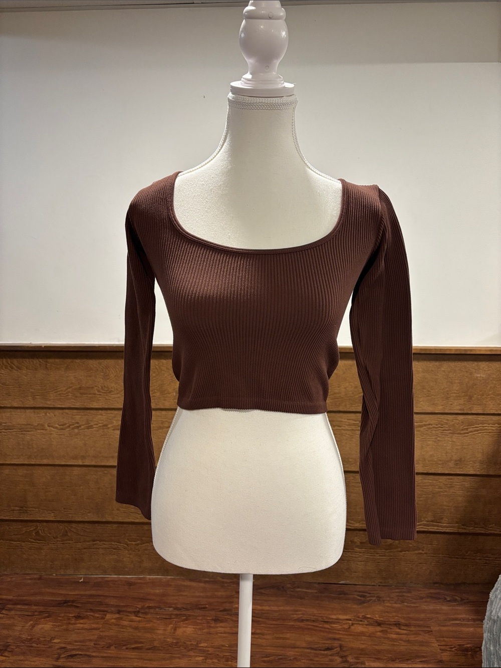 Zara Brown Ribbed Scoop-Neck Long Sleeve Crop Top